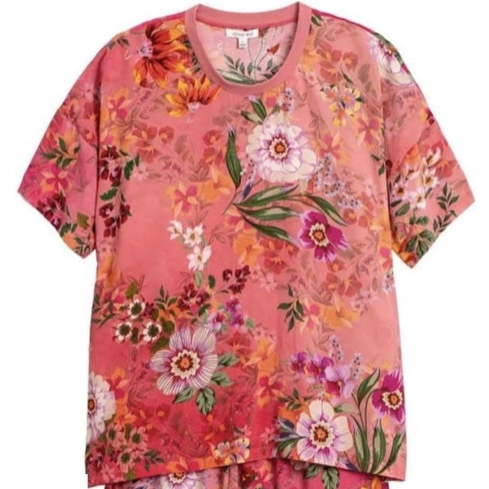 Johnny Was Pink Floral Botanical Silk Short Sleeve Top Small Oversized